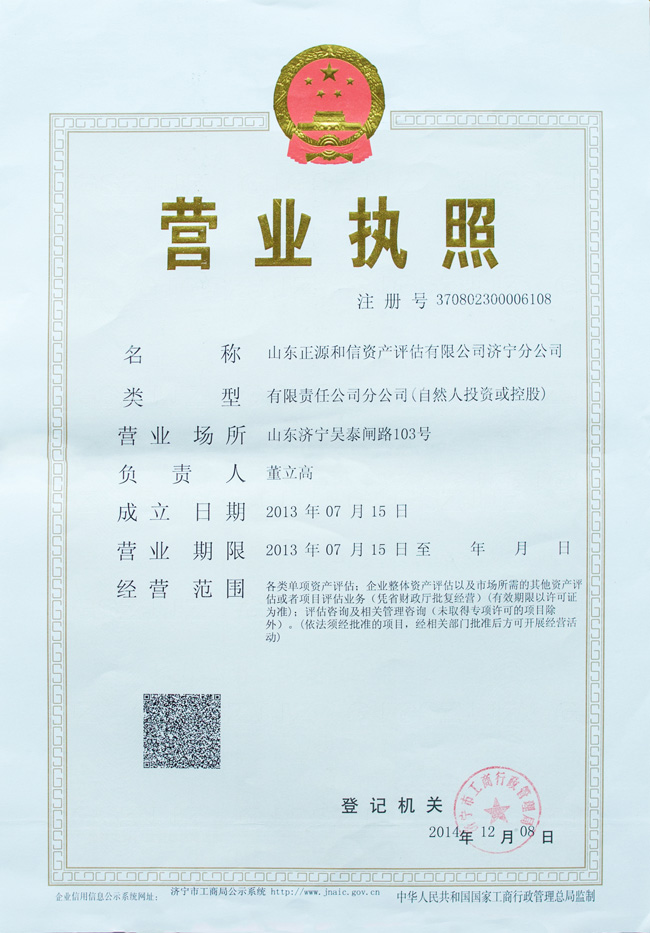 开云kaiyun(中国)正源和信资产评估有限公司济宁分公司 营业执照